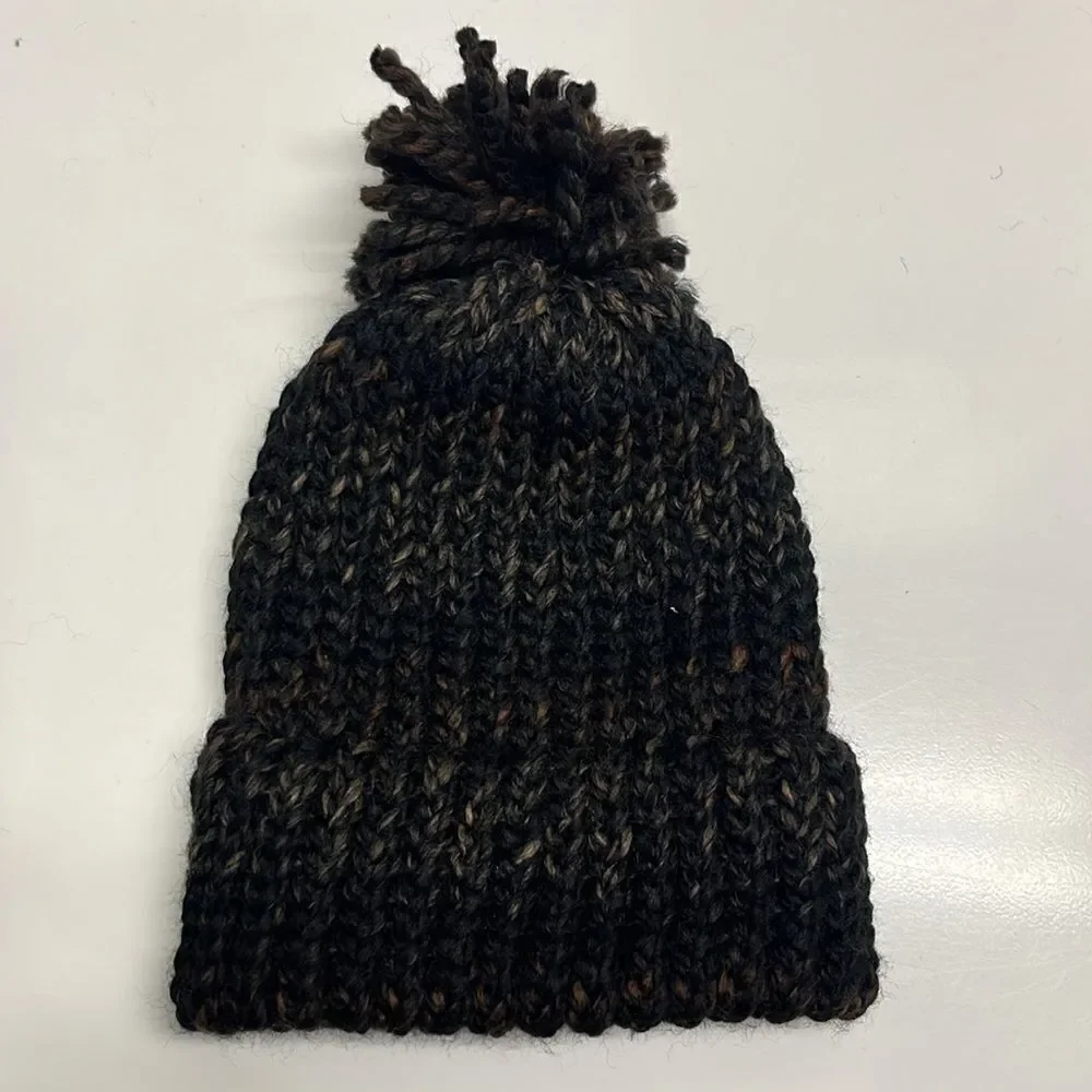 Hand Crafted Wool & Acrylic Knitted Black & Brown Marbled Winter Hat- Infant/XSm